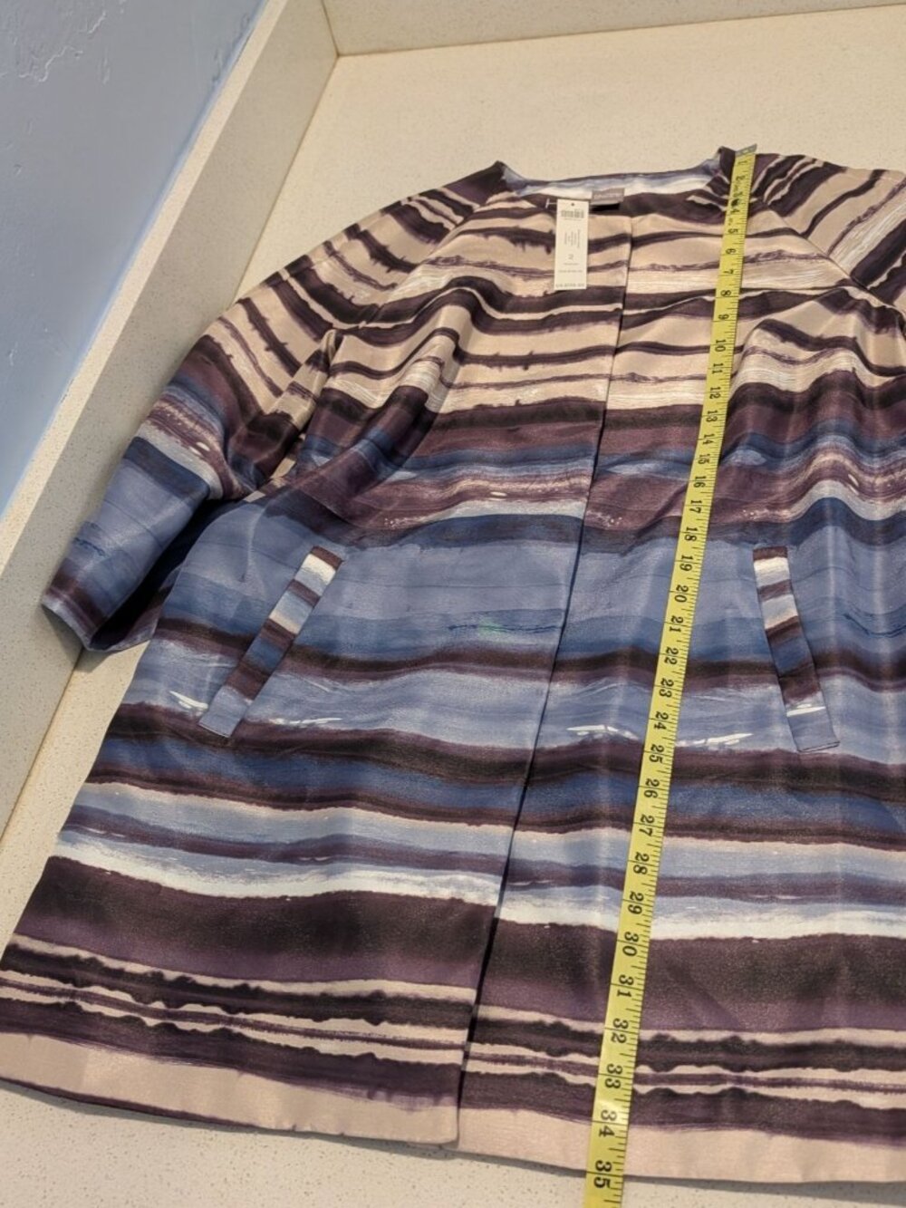 Chicos Satin Shantung Topper Jacket Sz 12 Watercolor Stripes 3/4 Sleeves lg - Picture 12 of 13